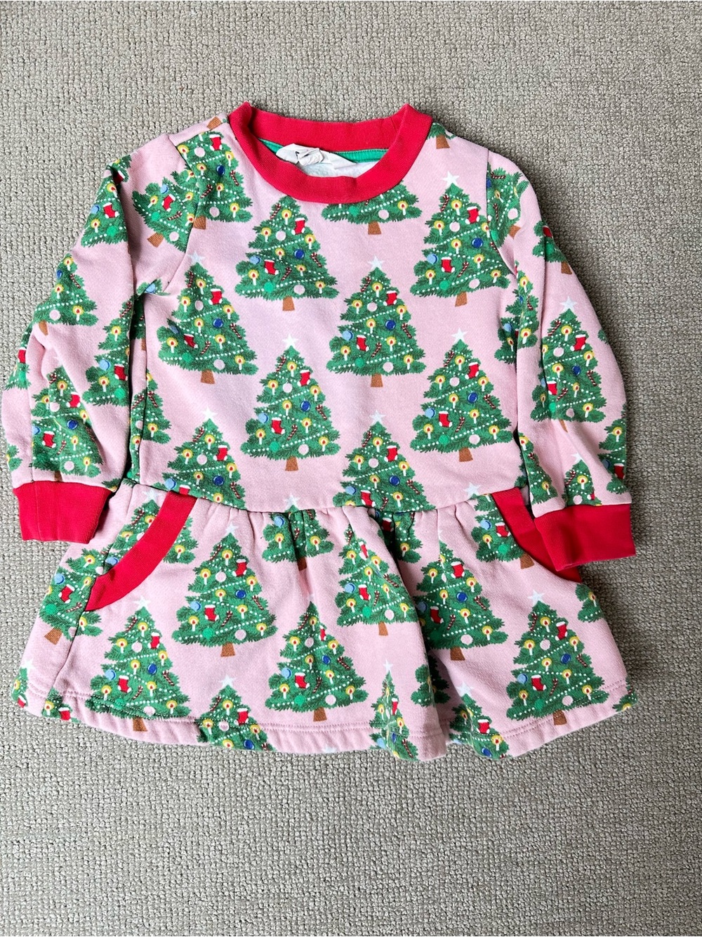 Mini Boden Pink Christmas Tree Pajama Dress with Red Trim